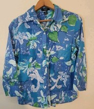 CHAPS Womens Button Up Top 3/4 Sleeve Cotton Floral Blue Green Artsy SIZ... - $13.98