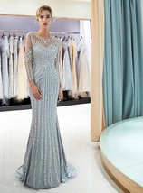 Gorgeous Evening Dress Long Sleeve Luxury Beaded Beading Crystal Formal Gown Mer - £369.99 GBP