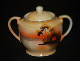 Old Vintage Sugar Bowl w Lid Tree in the Meadow Design Red Marked Japan - £11.67 GBP