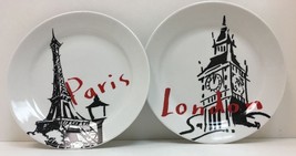 Pacific Island PARIS LONDON 2 Salad Dessert Black White &amp; Red Ceramic Plates - £18.96 GBP