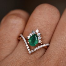 Certified Natural Emerald Ring With Matching Band 2pcs Bridal Wedding Ring Set M - £1,063.09 GBP