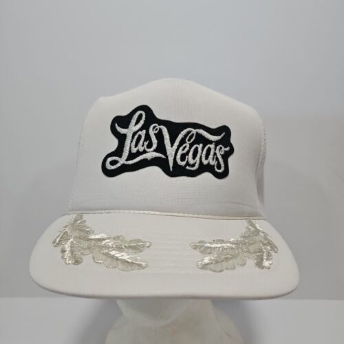 Las Vegas Trucker Hat Snapback White Silver Rope Cap Mesh Back Vtg - $14.80