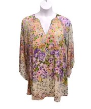 Lavender Brown  Womens Medium Floral Print Sheer Bell Sleeve Dress Lined - £23.33 GBP