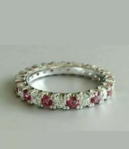1.2 CT Simulated Ruby & Diamond Eternity Wedding Ring 14K White Gold Plated - £81.26 GBP