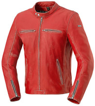 Men Red Color Motorcycle Tab Collar Front Zipper Real Leather Safety Pads jacket - $156.79