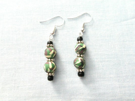 Green Tan Brown Camo Beads With Bali &amp; Black Accents Hook Wire Earrings - £6.28 GBP