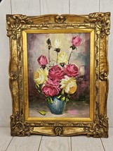 Antique Oil Painting Pink and Yellow Roses Blue Vase Gold Gesso Frame 21&quot; x 17&quot; - £115.59 GBP