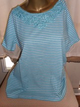 Women&#39;s Teal Striped Top with Embroidered Neckline Short Sleeve Large - ... - £4.76 GBP