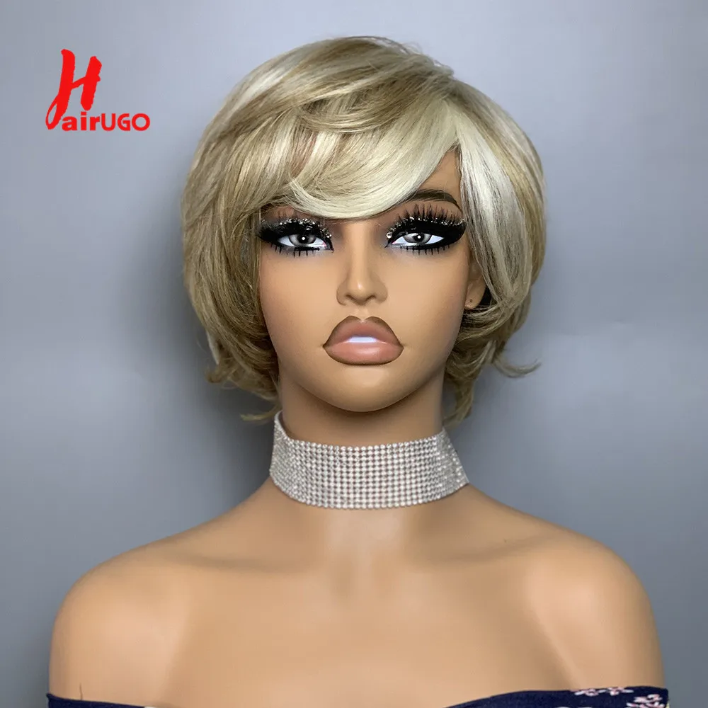 Highlight Blonde Pixie Cut Wigs Fringe Straight Human Hair Wigs Machine Ma - £28.60 GBP