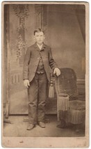 CDV Photo Teen Boy Standing with Hand on Chair - Named. 1870-1892 - £6.85 GBP