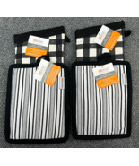 MU Kitchen 2 Oven Mitt 2 Potholders Black Plaid Stripe Cotton Terry Line... - €20,25 EUR