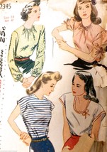 Vtg retro 1940s Sewing Pattern Simplicity #2345 Blouse  4 Ways Size 14 B... - $18.76