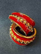 Monet Signed Red Enamel w Goldtone Center Twist Wide Tapered Hoop Earrings for - $13.09
