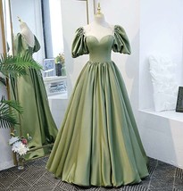 Beautiful Dress Green Satin Evening Dress for Women Princess Puff Sleeve... - $349.99