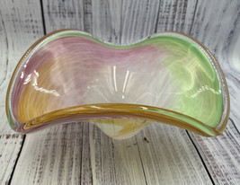Vtg MURANO Glass Bowl Hand Blown MCM Glass Centerpiece Swirled rainbow Ruffled - £63.71 GBP