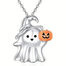 Halloween Ghost with Pumpkin Pendant Necklace Silver - £10.58 GBP