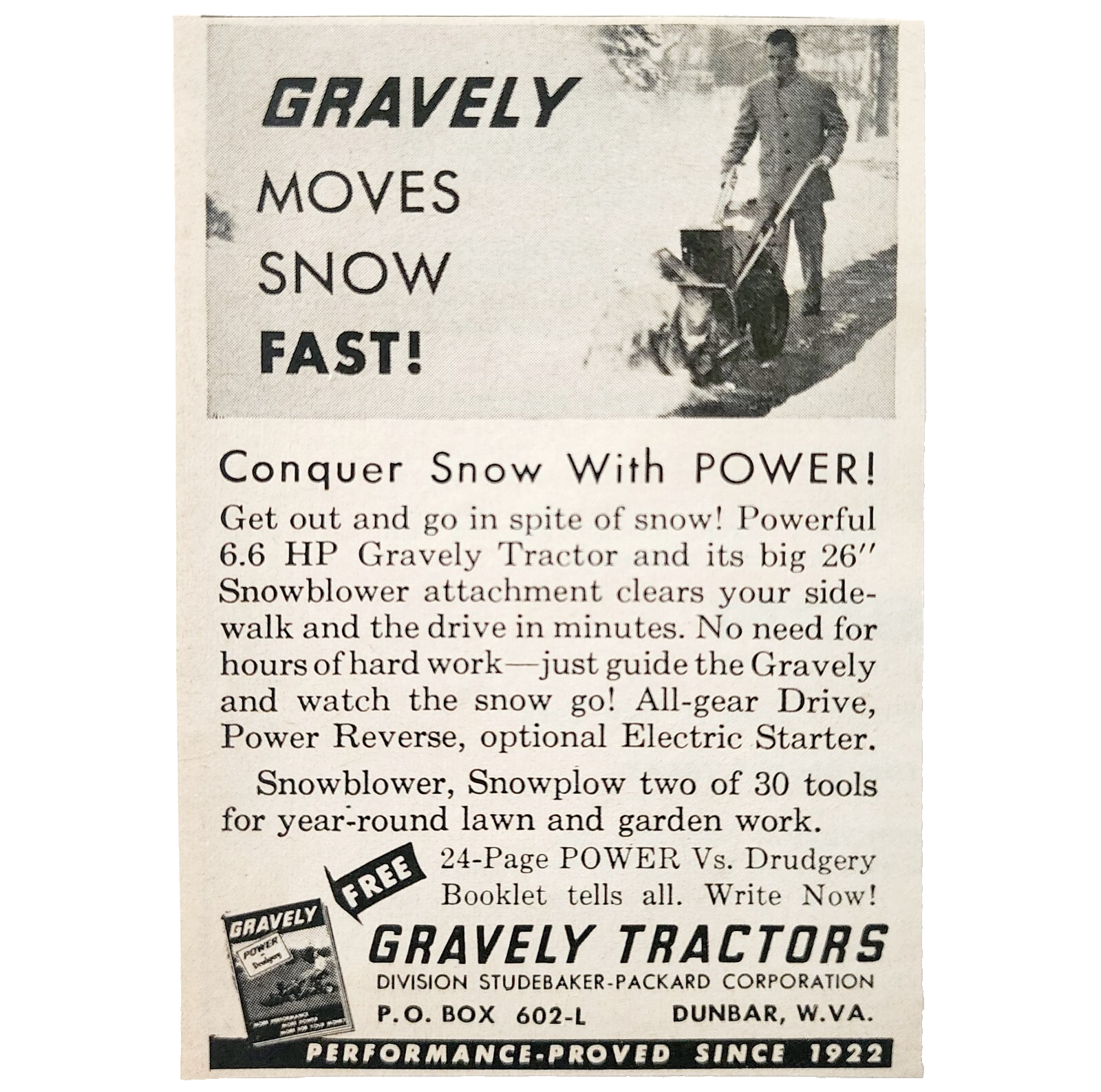 1961 Gravely Tractors Snow Blower Advertisement Vintage Agriculture DWF28 - £15.03 GBP