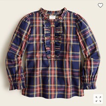 Crewcuts Girl Navy Red Tartan Plaid Festive Ruffle Long Sleeve Blouse To... - $24.74