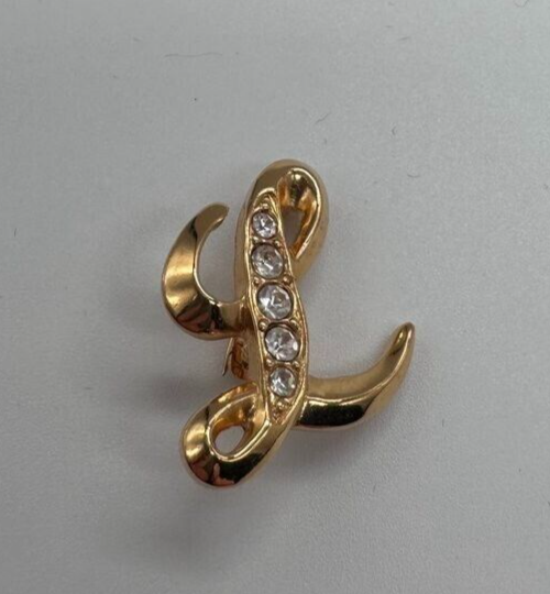 Primary image for Avon L Initial Sparkle Pin Brooch Gold Tone Rhinestones Vintage 90s Cursive