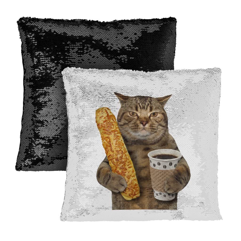 Primary image for Cat is Holding a Cup of Black Coffee and a Baguette Sequin Pillow Case - Funny C