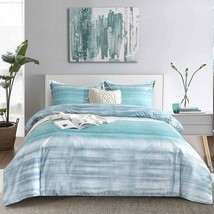 Etdiffe Comforter Set Queen Size, 3Pc Teal Grey And Blue Gradient Striped, 90X90 - £43.37 GBP