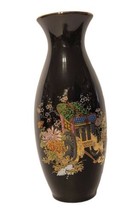Vintage Black Japanese Vase w/ Enamel Flowers &amp; Rickshaw Cart 8” Tall EUC - £15.97 GBP