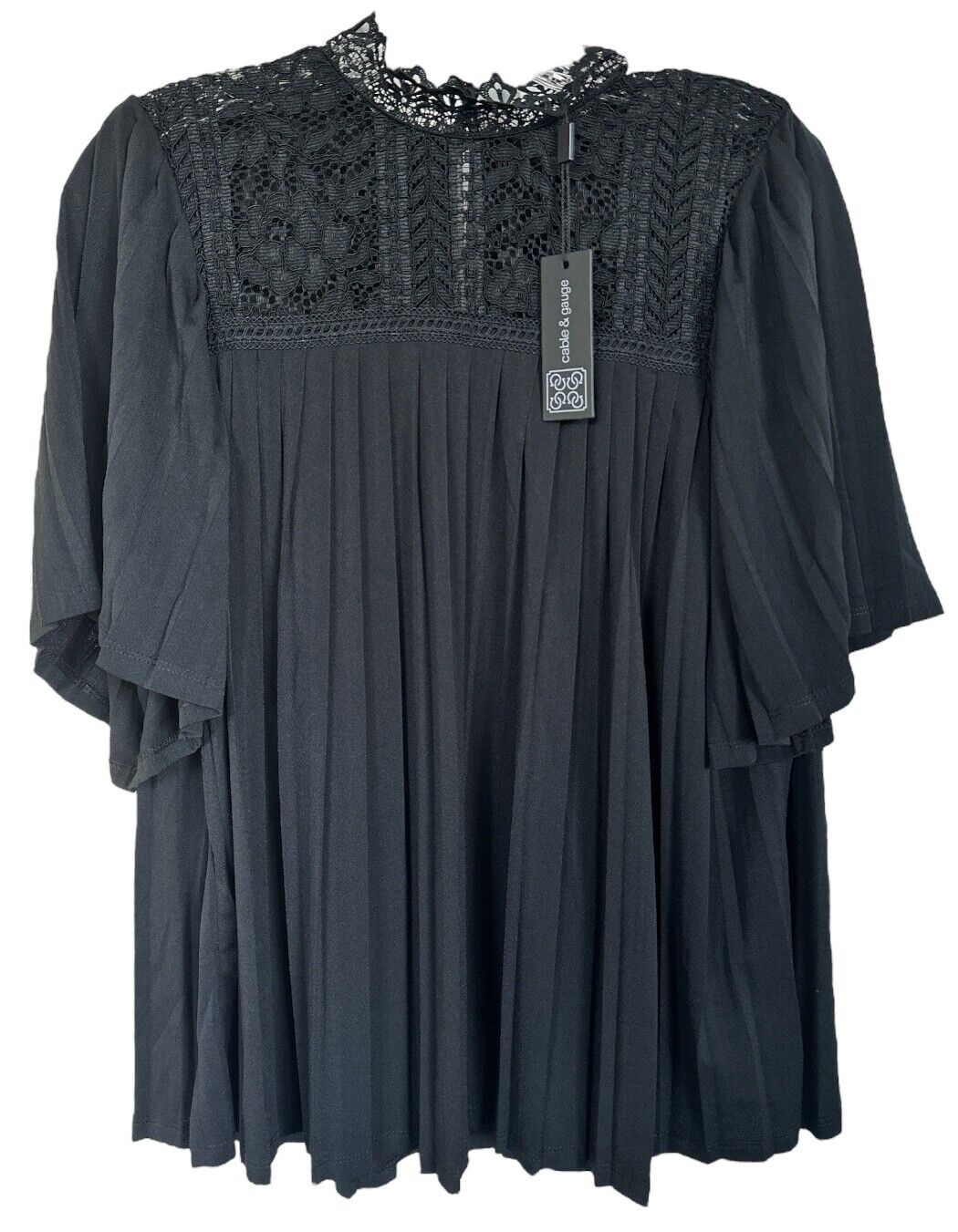 Primary image for Cable & Gauge Women's Blouse Top Short Sleeve Pleated w/Lace Size S, M Black