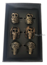 Rachel Zoe Skull Napkin Rings See Hear Speak No Evil Dark Gold Metal 2&quot; New - £38.61 GBP