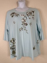 Quacker Factory Womens Plus Size 3X Pale Blue Floral T-shirt 3/4 Sleeve - £14.11 GBP