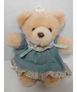 Dandee Teddy Bear plush vintage peach tan wearing blue dress flowers pol... - $398.95 MXN