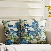 Pack of 2 Chinoiserie Pillow Cover 16 x 16 Inch Asian Scenic Blue and Green T... - £18.37 GBP