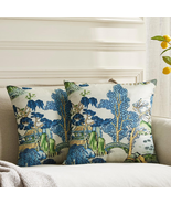 Pack of 2 Chinoiserie Pillow Cover 16 x 16 Inch Asian Scenic Blue and Gr... - £17.96 GBP