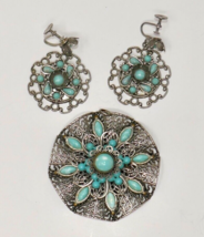 Silver Tone Faux Turquoise Filigree Screw Back Earrings &amp; Pendant - $39.99