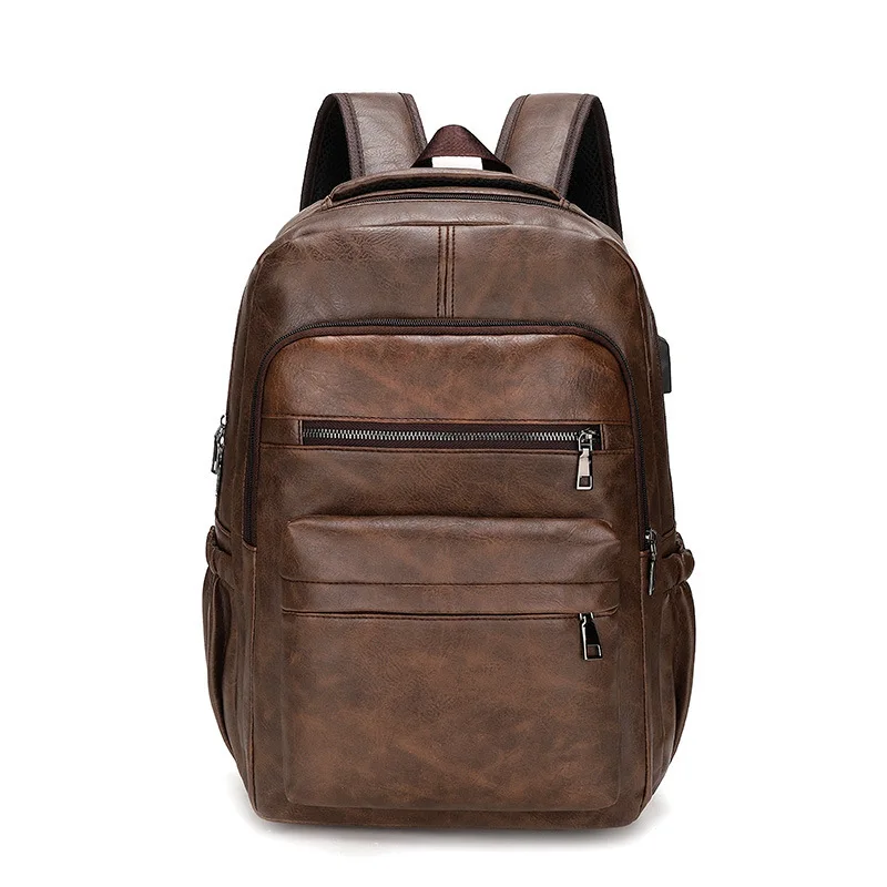 High Quality USB Charging Backpack Men PU Leather Bagpack Large Laptop Backpacks - £85.90 GBP