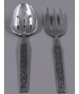 Vintage Stainless Steel Serving Slotted Spoon &amp; Meat Fork Scroll Vine VGUC - £11.19 GBP