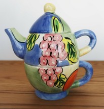 Bella Casa by Ganz stacked tea for one fruits on yellow blue &amp; green bac... - $19.99