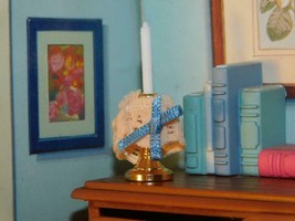 RARE Vintage Antique Dollhouse Mniature Candle w/Lace Pink and Blue Bow Deco - £4.64 GBP