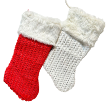 Santas Best Fabric Embellished Christmas Stockings Red and White 18&quot; Lot 2 - $12.42