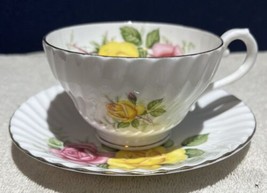 Vtg Stanley England Fine Bone China Flat Cup &amp; Saucer Set Yellow &amp; Pink Roses - £19.55 GBP