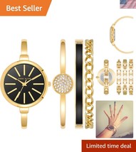 Elegant Gold &amp; Black Bangle Watch Set with Crystals and Chain Bracelet - $1,690.53 MXN