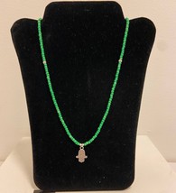 Hand of Hamsa necklace green seed beads minimalist handmade choker - £11.88 GBP