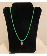 Hand of Hamsa necklace green seed beads minimalist handmade choker - £11.84 GBP