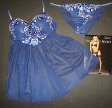 Victoria&#39;s Secret 34B,34C BRA BABYDOLL dress PANTY blue silver FLORAL EM... - $69.29+