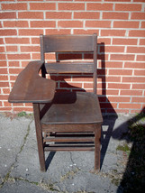 Vintage Childs Oak Wood School Desk / Desk with Connected Chair - £98.07 GBP