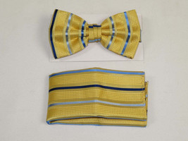 Men&#39;s Bow Tie Hankie J.Valintin Formal or Business #BT17 Gold Blue Stripe - £15.61 GBP