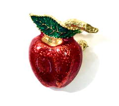 Apple Brooch Vintage Gold Tone Red Green Enamel Gloss Coated Pin 1 1/8&quot; - $16.00