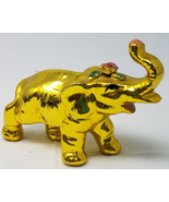 Bright Gold Indian Elephant Figurine Rose Adorned Ceramic Trunk Up Vintage - $18.95