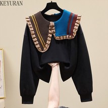 Vintage Brown Hoodies Pullover Crewneck Sweatshirt Peter Pan collar Long Sleeve  - £97.40 GBP