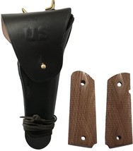 WW2 US Army .45 Hip M1911 Colt Black Leather Holster with Walnut Wood Co... - $37.21