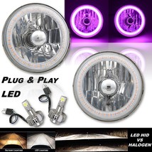 5-3/4&quot; Crystal SMD Purple LED Halo Angel Eye H4 Headlight w/ LED Light Bulb Pair - £129.70 GBP
